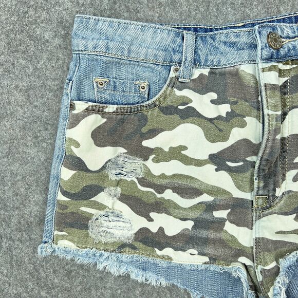 BDG Shorts Womens‎ 28 Blue Camo High Rise Dree Cheeky Frayed Cutoff Denim Jeans - Picture 2 of 13